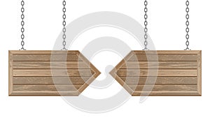 Wooden arrow board hanging from steel chains