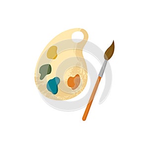 Wooden artist`s palette with paints and brush. Vector illustration of cartoon wooden thing with colourful round spots of paints