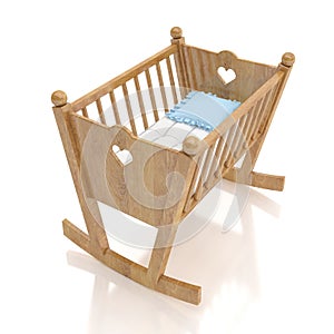 Wooden baby cradle with blue pillow isolated on white background
