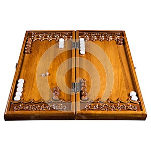 Wooden backgammon outdoor board, over white background