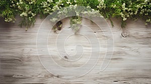 Rustic Simplicity: Green Branches And Flowers On Wooden Surface