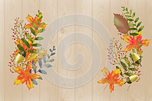 Wooden background with autumn leaves for a postcard or a banner