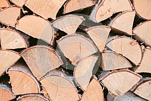 Wooden background - closeup. Firewood for the winter, stacks of firewood, pile of firewood. Firewood prepared for winter.