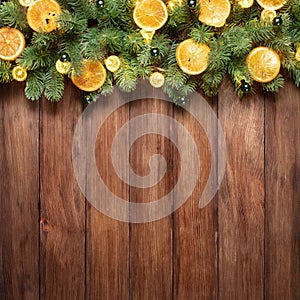 Wooden background with decorated of Christmas tree