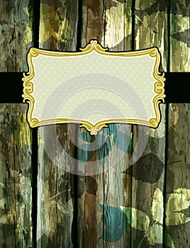 Wooden background with decorative labels, vector