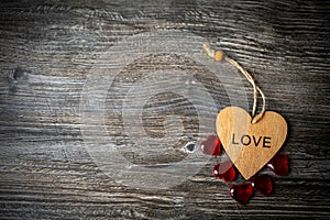 Wooden background with hearts for Valentine`s day. Red and white hearts