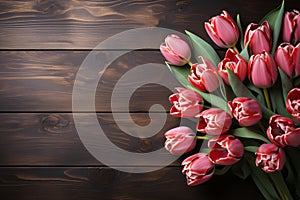 Wooden background hosts tulip bouquet and frame with ample copy space