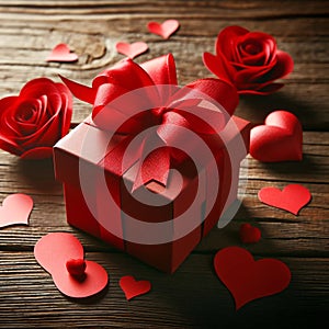 Wooden Background Hosts Valentines Day Gift Box with Red Ribbon and Hearts. Generative ai for illustrations