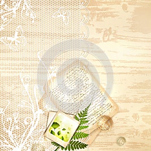 Wooden background with lace frame