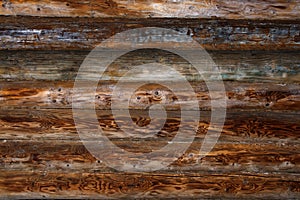 Wooden background. Log cabin wall background. Old weathered orange logs