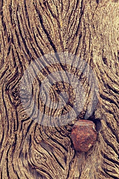 Wooden background of old wooden railway sleeper, rusty hexagon nut or iron