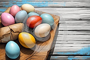 On a wooden background, painted eggs rub shoulders