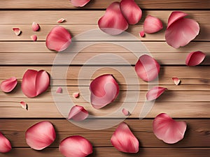 wooden background with red roses petal