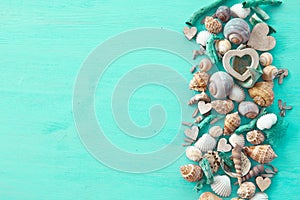 Wooden background with sea shells
