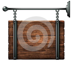 A wooden background shield hanging on chains. High detailed realistic illustration