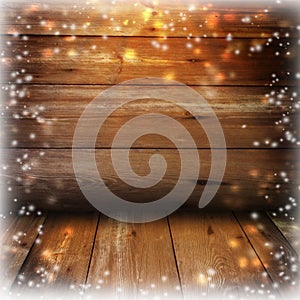 Wooden background with snow and shabby boards. Christmas. Winter