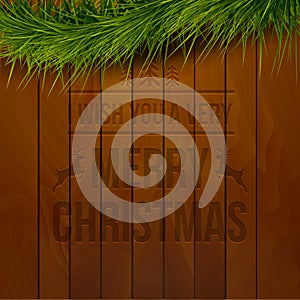 Wooden background typography merry christmas sign and Christmas fir tree. Vector holiday Illustration.