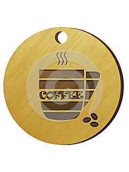 Wooden badge with embossed stylized symbol of coffee mug