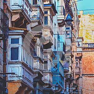 Wooden balconies with windows in Valletta, Malta, cinematic style photo