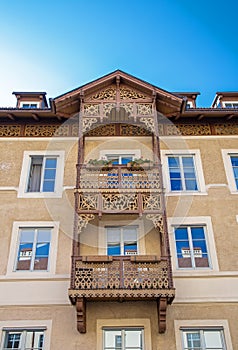 Wooden balcony at a building in Bruneck
