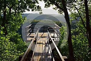 Wooden balcony, Djerdap gorge viewpoint in golden hour