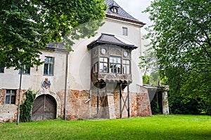 wooden balcony, Palace in Dabrowa Niemodlinska near Opole, erected in 1615–1617, historic castle building, Poland