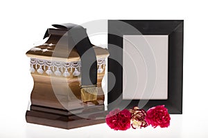 Wooden ballot box with blank mourning frame and flower