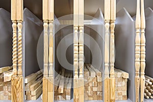 Wooden balusters for the manufacture of natural wood railings. Large selection of wood components for the production of