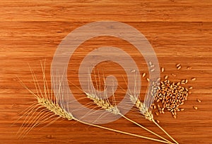 Wooden bamboo cutting board with three wheat ears and grains