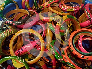 Wooden bangles in tray,Colourful wooden decorative jewellery.