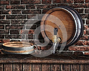 Wooden bar counter with beer barrel in the background