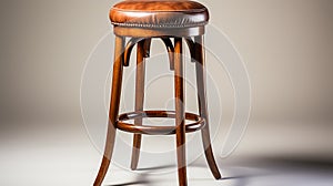 a wooden bar stool with a comfortable seat, emphasizing the texture of the wood