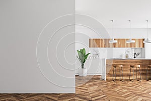 Wooden bar in a white kitchen, mock up wall