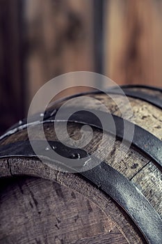 Wooden barel. Old wooden keg. Barel on beer vine whiskey brandy rum or cognac