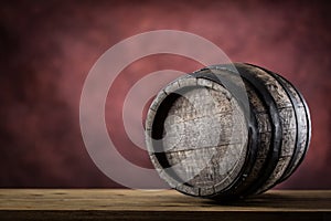 Wooden barel. Old wooden keg. Barel on beer vine whiskey brandy rum or cognac