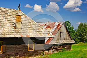 Wooden barns in Biele Vody settlement in Polana mountains