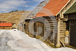 Wooden barns in Liptovska Teplicka village during winter