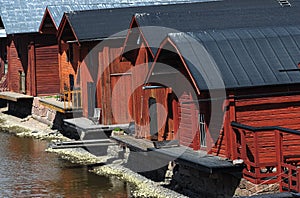 Wooden barns near the river in the old town of Porvoo, Finland