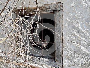 Wooden barred window of old plastered barn.