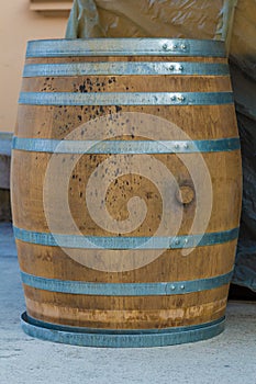 Wooden barrel.