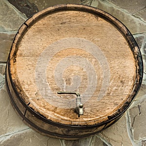 Wooden barrel.