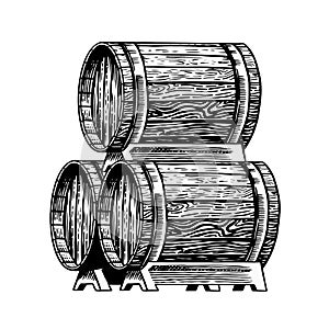 Wooden barrel with alcohol. Vessel with wine, brandy or whiskey. Cask in vintage style. Hand Drawn engraved sketch for