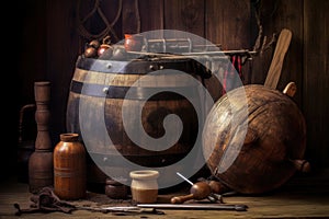 wooden barrel with antique tools beside it