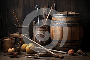 wooden barrel with antique tools beside it