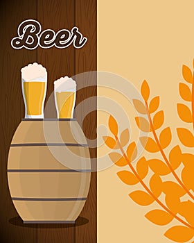 wooden barrel beer glass and wheats leaf