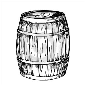 wooden barrel with beer, wine, black and white illustration in sketch style, engraving. vintage drawing