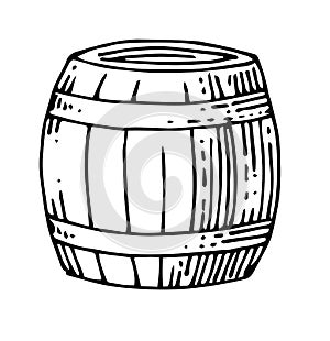 Wooden barrel. Beer, wine cask. Outline hand drawing. Isolated vector object on white background