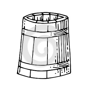 Wooden barrel. Beer, wine cask. Outline hand drawing. Isolated vector object on white background