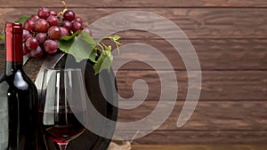 wooden barrel with bottle glass wine. High quality photo