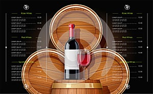 Wooden barrel and bottle. Vessel for keeping wine, beer beverage. Vector illustration.